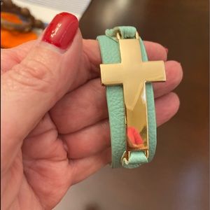 Aqua Leather Bracelet with Gold Cross